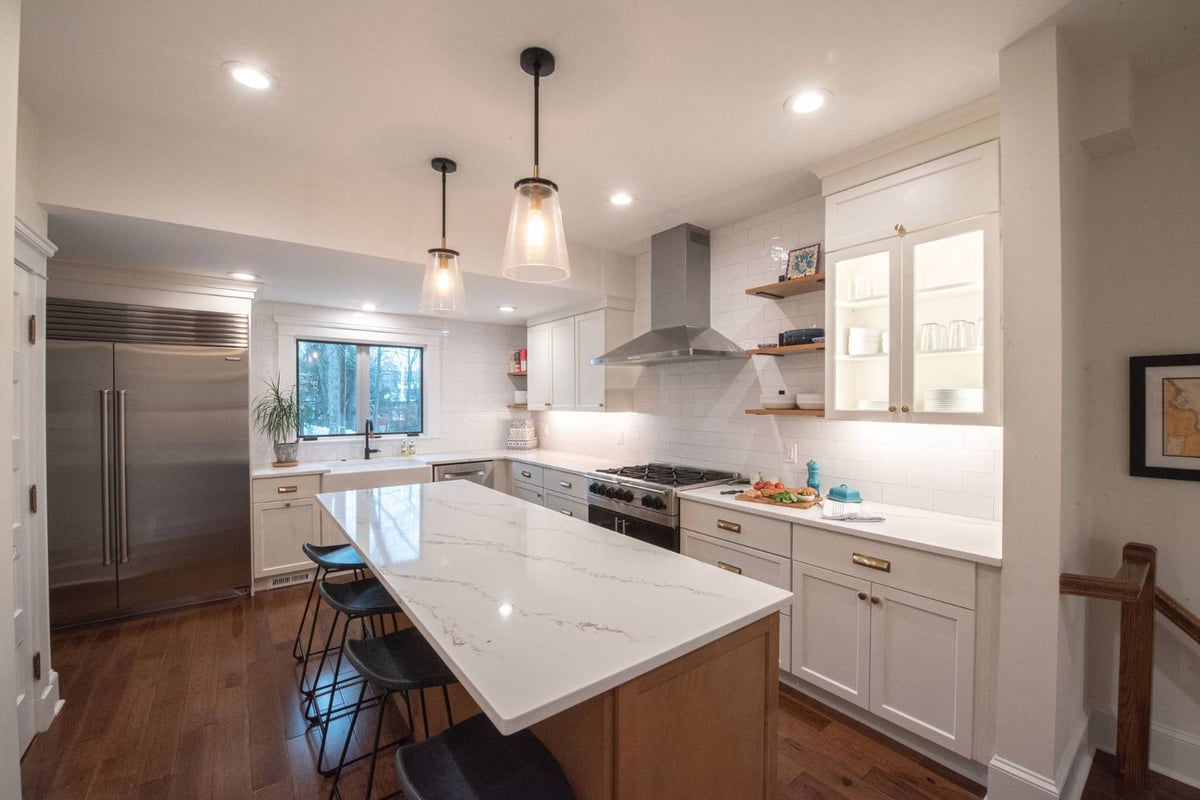 Maplewood, NJ kitchen upgrade with modern pendant lights and white cabinetry by G&L and Sons Renovations