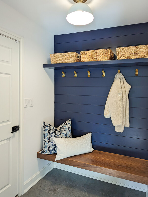Entryway remodel with built-in bench, shelf and coat hooks