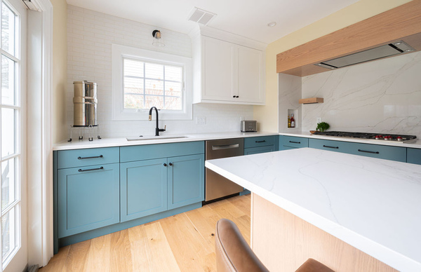Kitchen remodel with blue lower cabinets
