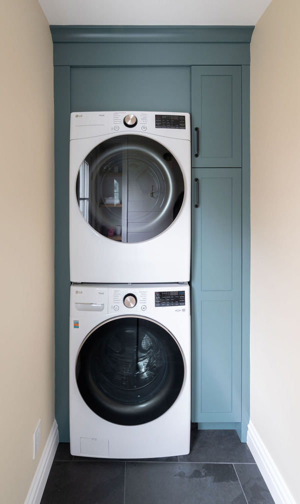 Built-in washer and dryer unit with storage cabinets