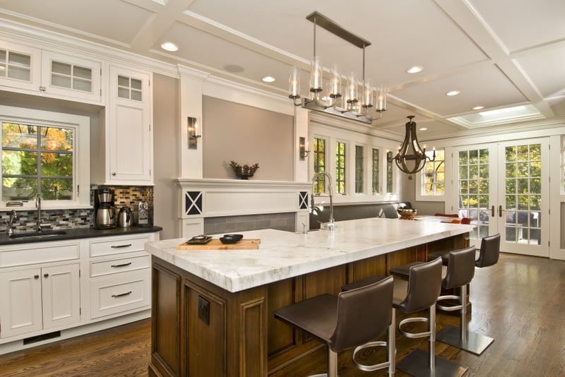 T - Int#5 - Kitchen view - final showing island with prep sink and low profiled coffered ceiling