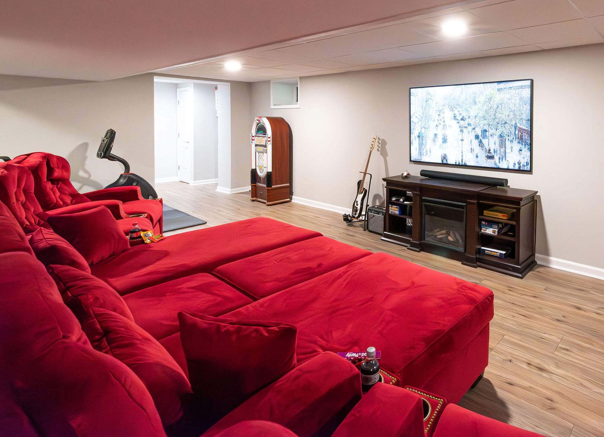 basement-remodel-red-couch-tv-caldwell-nj